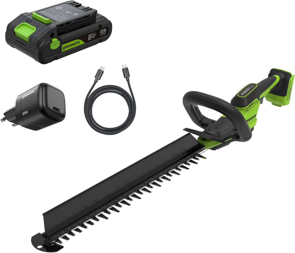 Greenworks Kit de tondeuse à haies sans fil 24 V 51 cm, Moteur sans balais, Capacité de coupe 28 mm, Lame à double action, Batterie 2,0 Ah et chargeur USB-C inclus, Balayeuse de haies HT2002A1