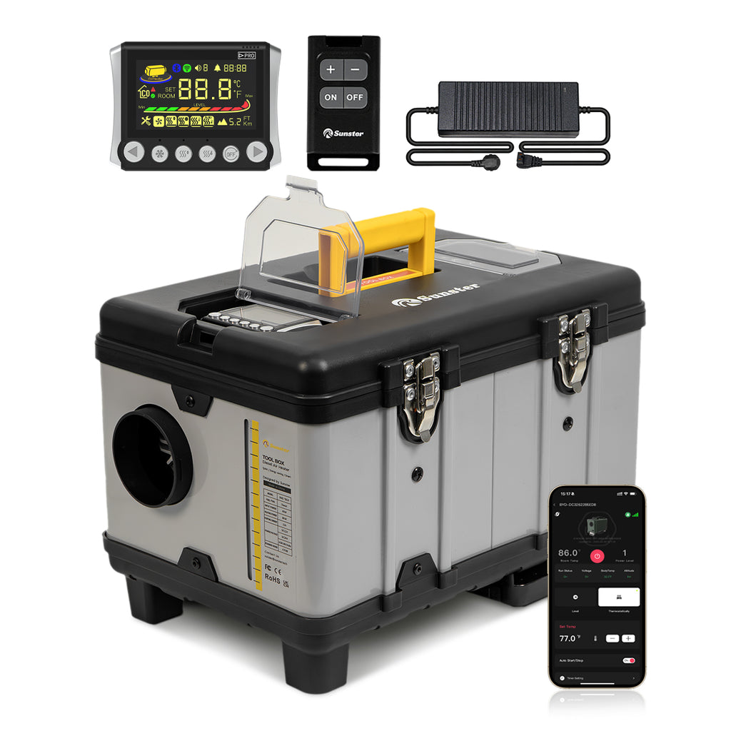 Sunster TB10 8 kW TOOLBOX Chauffage d'air diesel CA 230 V CC 12 V/24 V, chauffage de stationnement portable avec adaptation haute altitude 5500 m