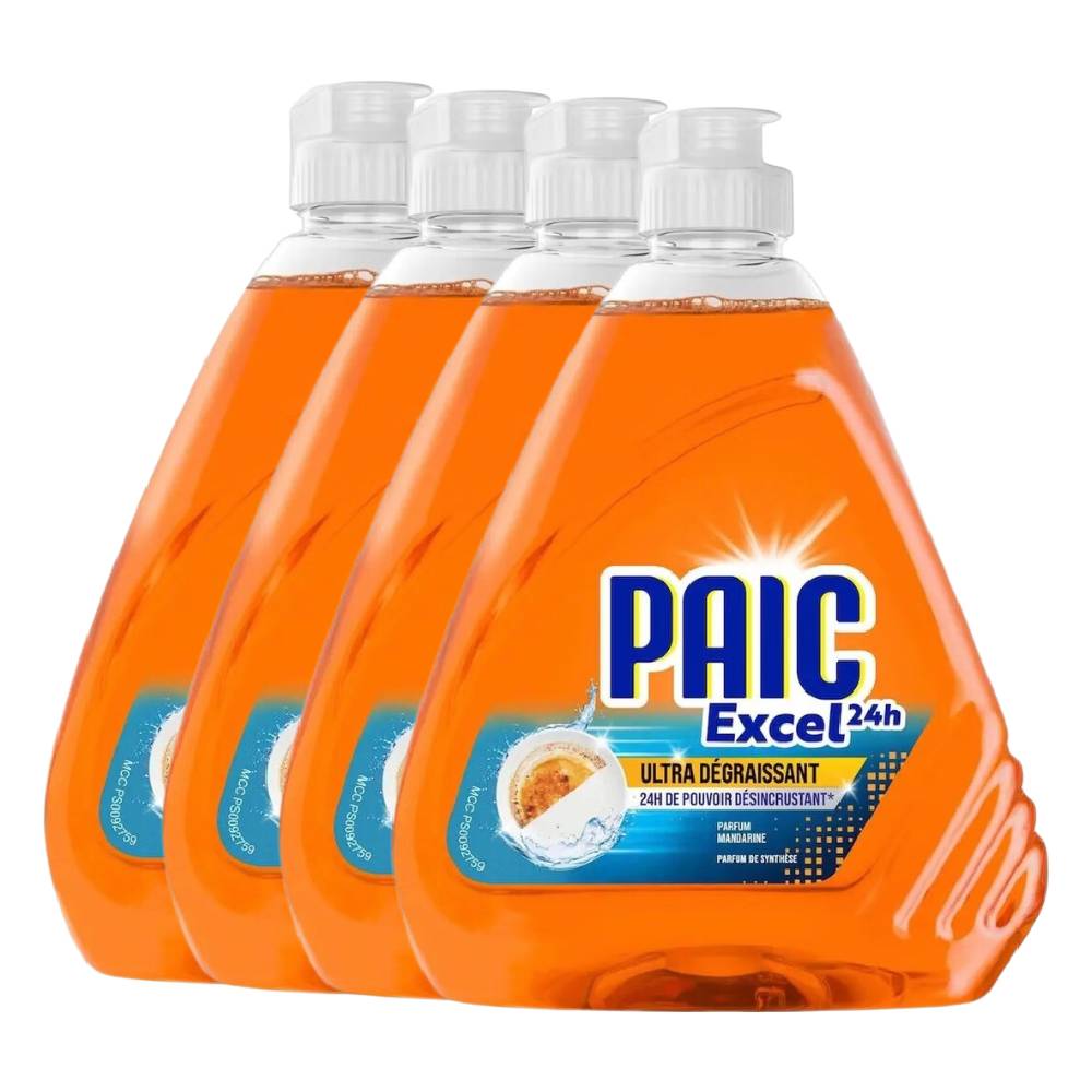 PAIC Excel 24h Ultra Dégraissant Liquide Vaisselle Mandarine 4 x 500 ml (= 2 L)
