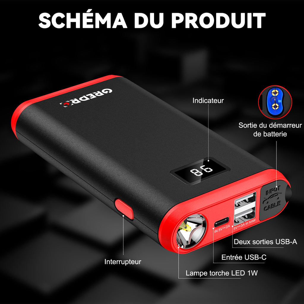 GREPRO Booster de Batterie 4000A, Démarreur de Voiture d’Urgence pour Véhicules 12V et Motos (jusqu’à 7,0L Essence / 5,0L Diesel), avec Écran LCD, Lampe Torche LED et Sac de Transport