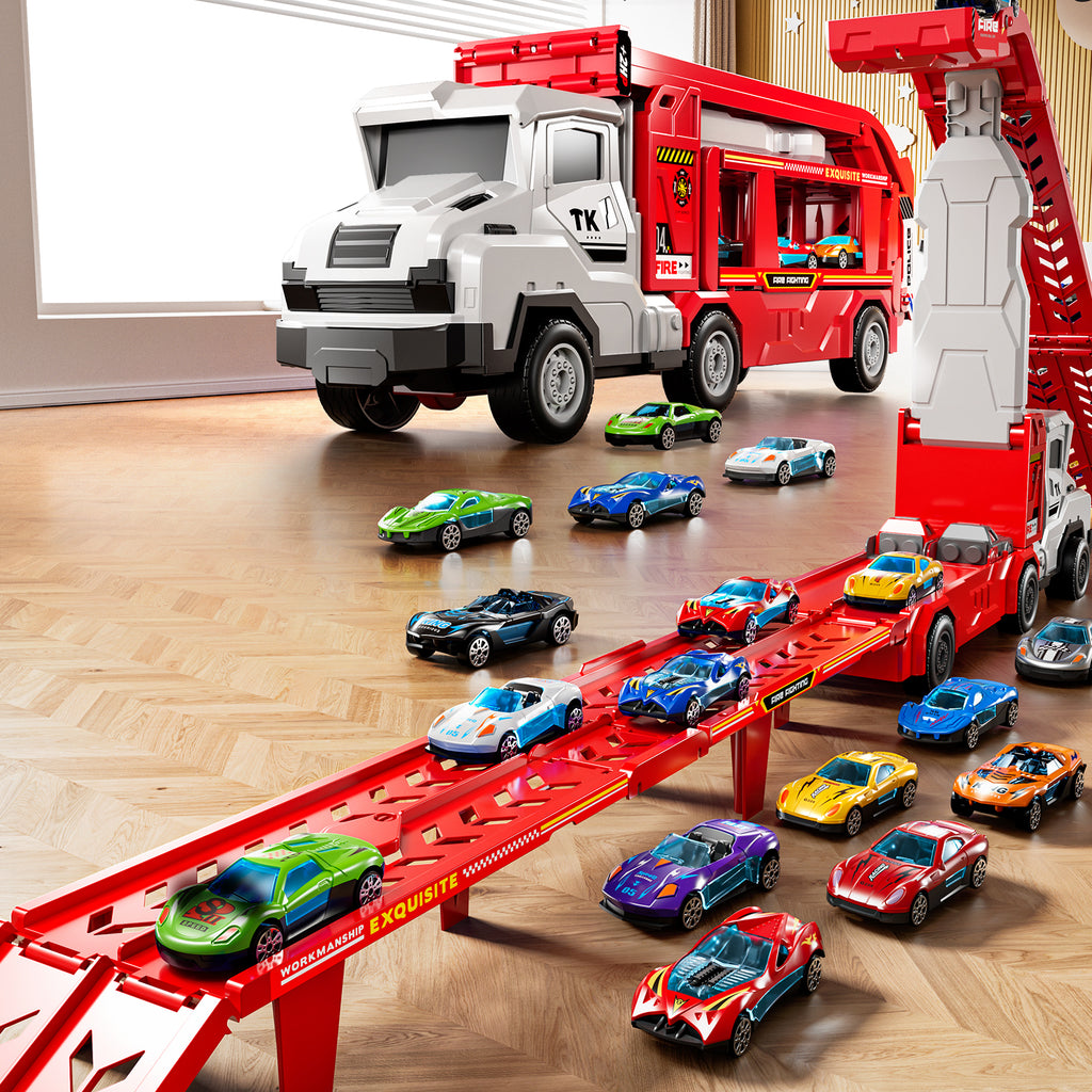 Jouet camion de transport TEMI avec 12 voitures en métal moulé sous pression, support de circuit de course pliable pour enfants