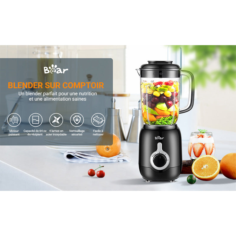 Bear LLJ-B12K1 mixeur de table 1,2 L 500 W - 2 vitesses + fonction impulsion - 4 lames en acier inoxydable