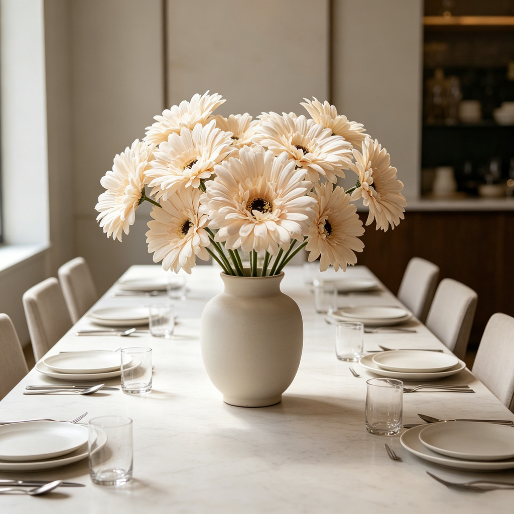 Yuejia 3 Pièces 9,05 in / 23 cm Fleurs de Gerbera en Soie Artificielle Mariage Maison Terrasses Décoration de Table Faux Chrysanthème Pivoine Fête Décoration de Maison (Champagne)
