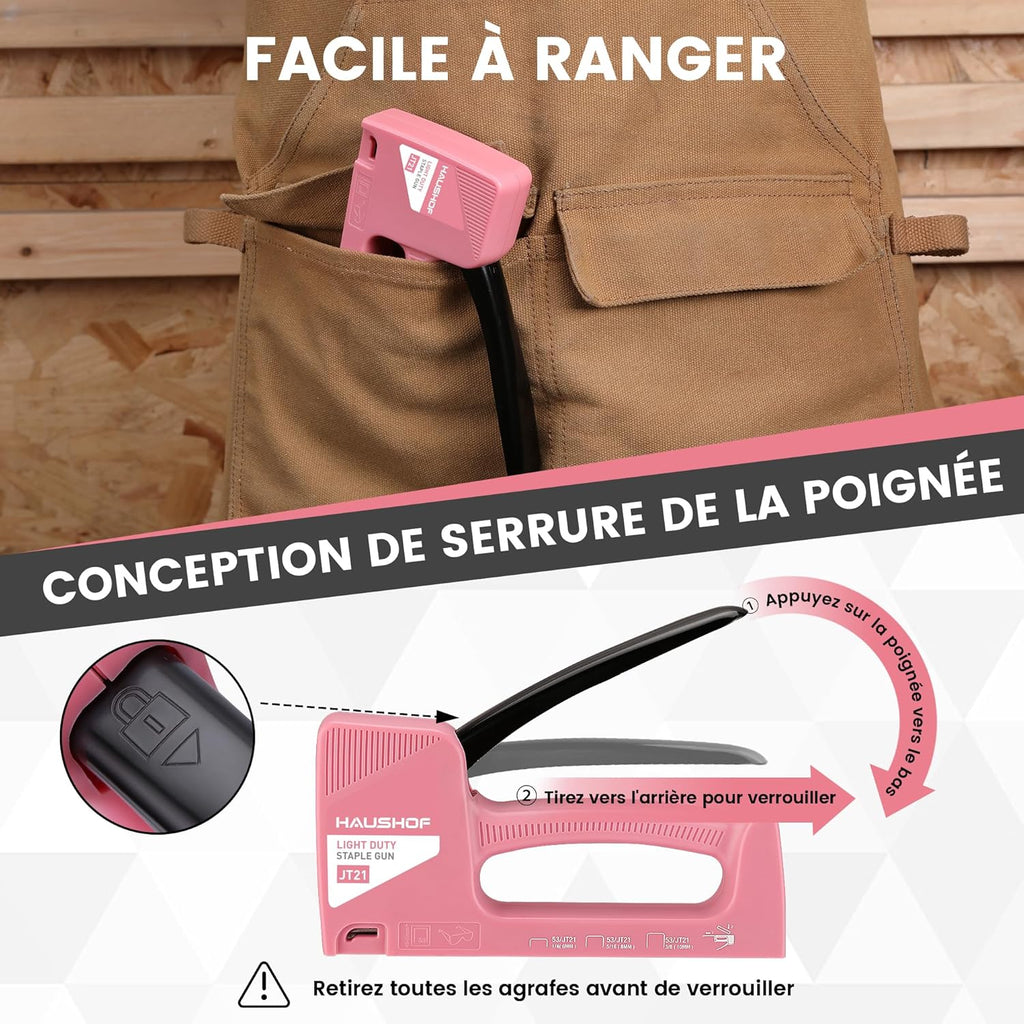 HAUSHOF Agrafeuse manuelle rose pour tapisserie, agrafeuse à bois pour agrafes type 53, avec 800 agrafes 8 mm et extracteur d'agrafes pour bois, tissu, meubles