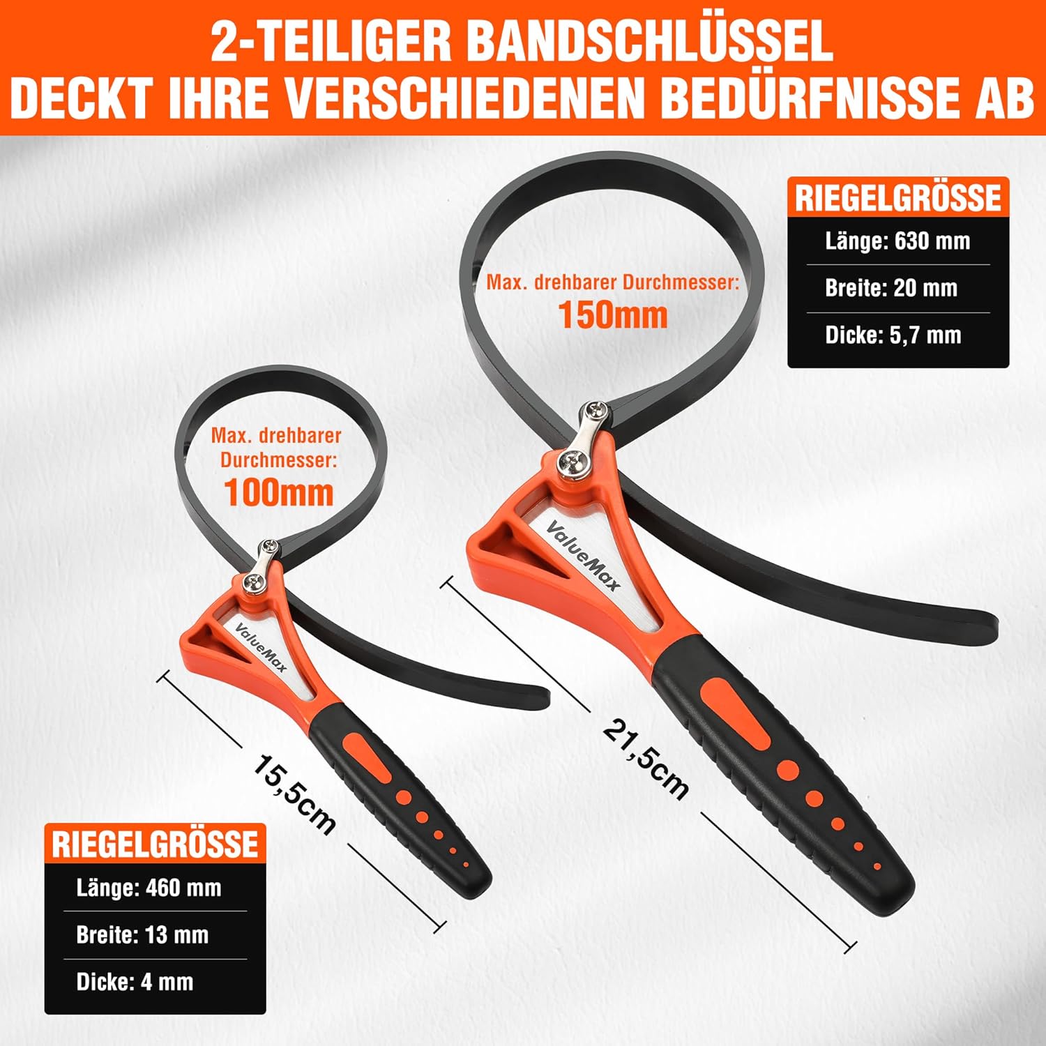 ValueMax Jeu de 2 clés à sangle en caoutchouc réglables pour tuyaux et filtres à huile, 460 mm et 630 mm, universelles pour bouteilles, éviers, pommes de douche, ouverture de bocaux en verre