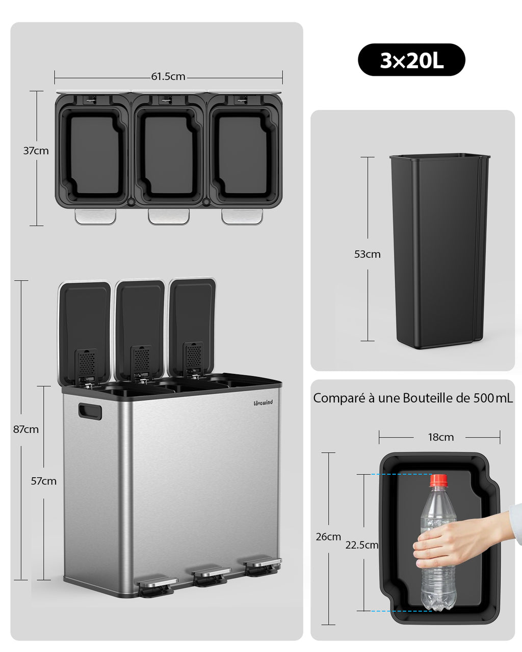 Poubelle de cuisine 60 L (3 x 20 L) en acier inoxydable, poubelle et bac de recyclage combinés avec couvercle à fermeture douce, poubelle à pédale à double compartiment pour recyclage, argenté