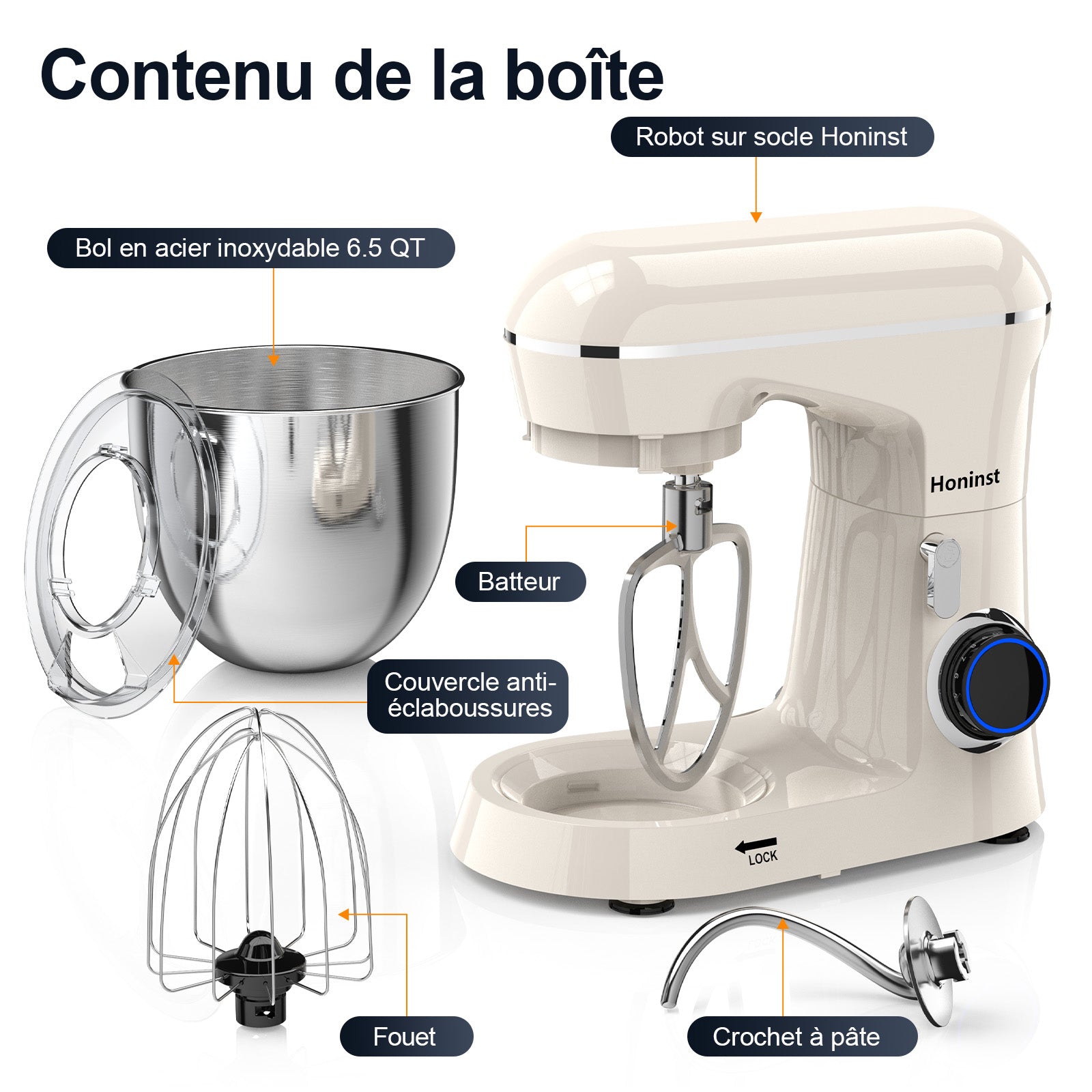 HONINST Robot pâtissier, Robot pâtissier électrique à tête inclinable 6,5 qt 10 vitesses, Robot de cuisine 3-en-1 avec bol, crochet pétrisseur, fouet et batteur plat