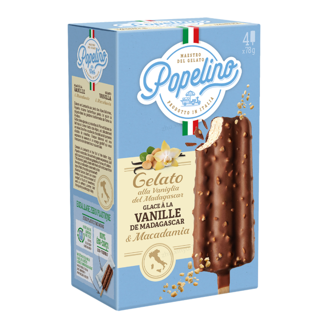 POPELINO Bâtonnets glacés à la vanille de Madagascar, Enrobage au chocolat au lait, Paquet de 4, 312 g