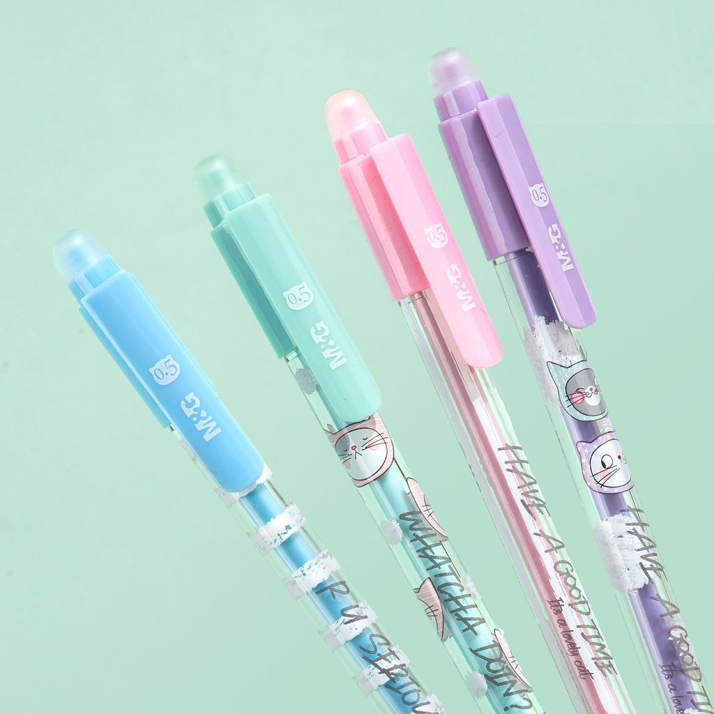 M&G Tellement de chats Stylos gel effaçables, Lot de 6, Encre noire, Pointe fine 0,5 mm, Motif chat mignon, Stylos à écriture fluide avec prise confortable et capuchon pour école, bureau et agenda
