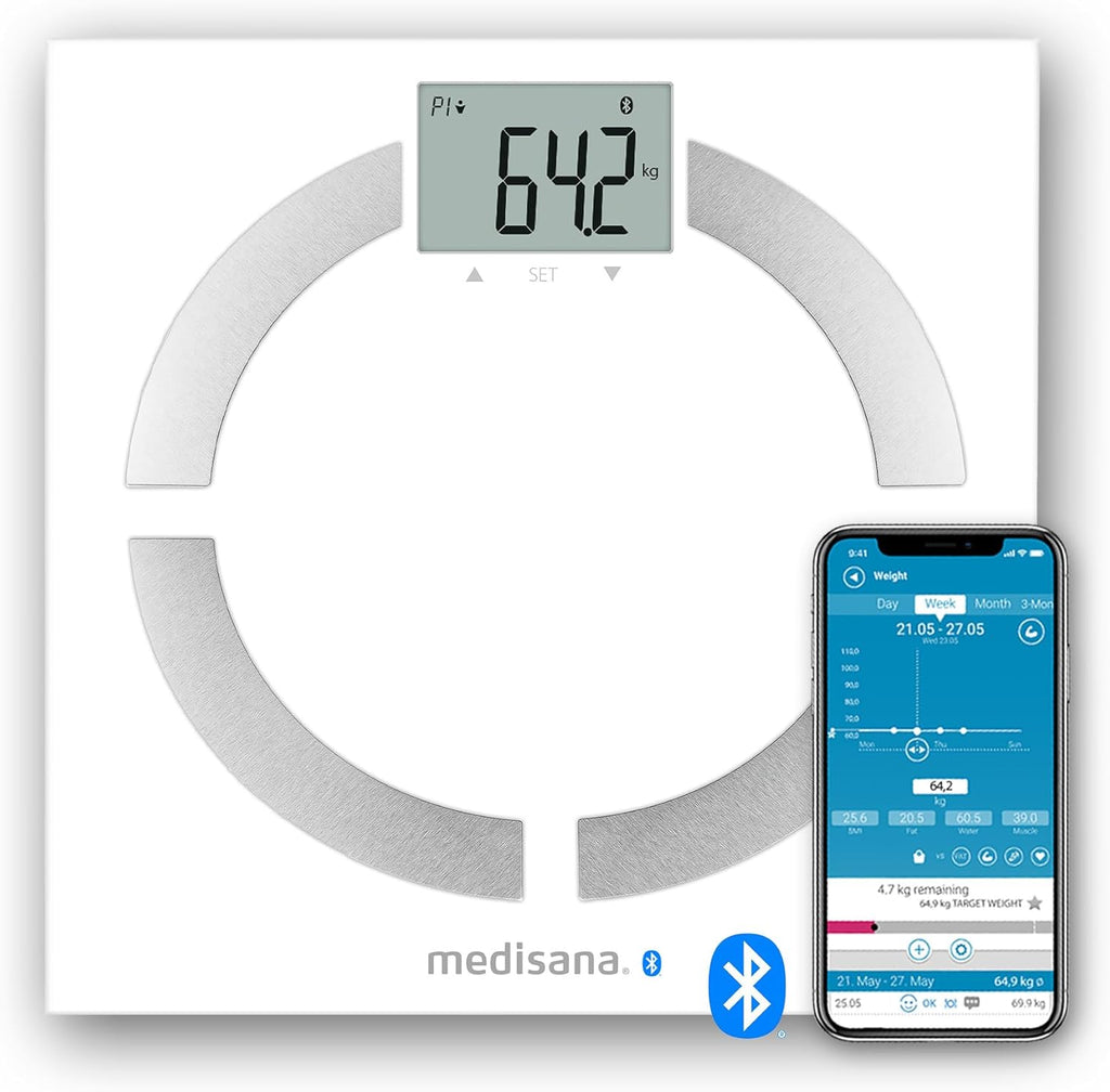 Medisana BS 444 Balance Connectée Impédancemètre jusqu'à 180 kg, Bluetooth, BMI/Muscle/Graisse Corporelle/Masse Osseuse avec l'application Vitadock+, Blanc