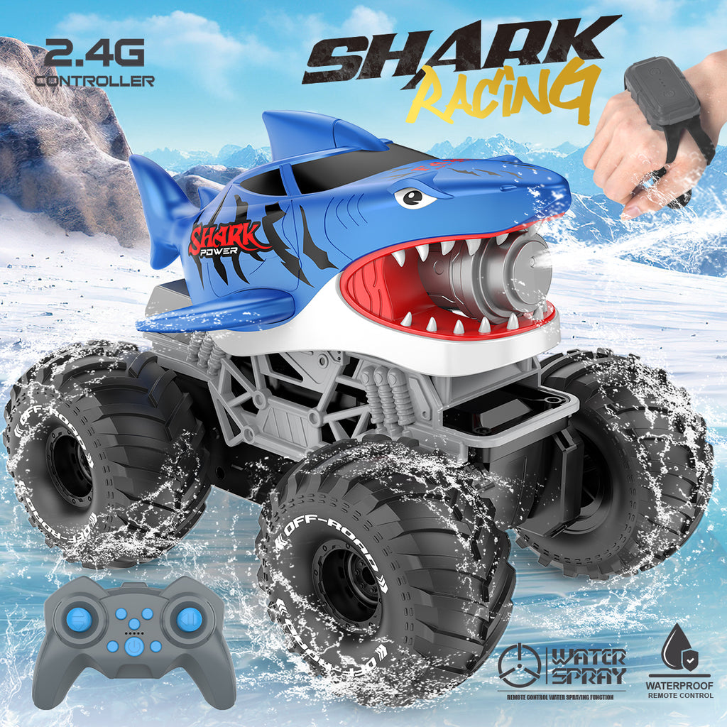Jouet de monster truck télécommandé Shark, véhicule tout-terrain RC avec brume, lumières LED et commande gestuelle, voiture de requin nageur Big-Foot, véhicule jouet Big-Foot rechargeable. Cadeau pour garçons et enfants, convient aux garçons de 3 ans