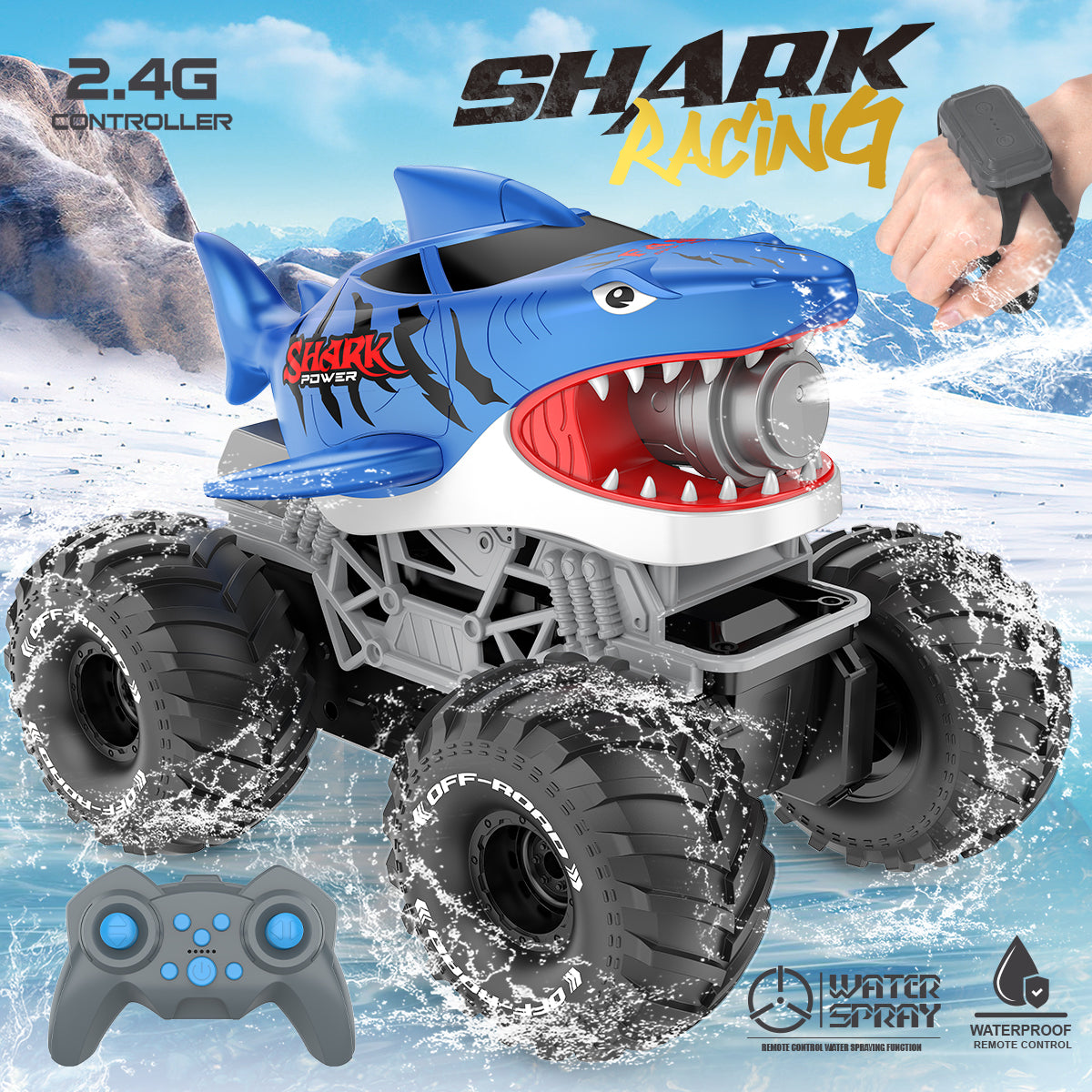 Jouet de monster truck télécommandé Shark, véhicule tout-terrain RC avec brume, lumières LED et commande gestuelle, voiture de requin nageur Big-Foot, véhicule jouet Big-Foot rechargeable. Cadeau pour garçons et enfants, convient aux garçons de 3 ans