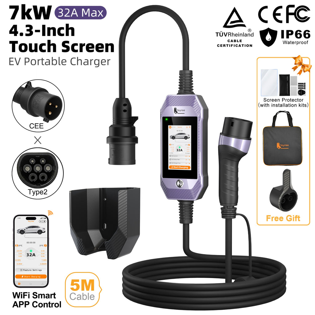 Feyree Chargeur EV portable 7 kW Type 2, chargeur domestique CA avec écran tactile 4,3 pouces et contrôle intelligent via application WiFi pour voiture électrique
