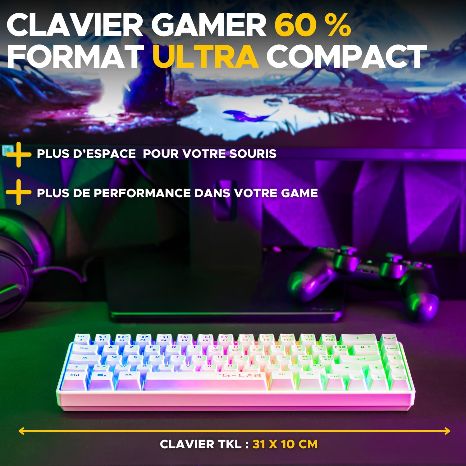 THE G-LAB KEYZ HYDROGEN Clavier Gaming Membrane Sans Fil RGB TKL - AZERTY - Blanc