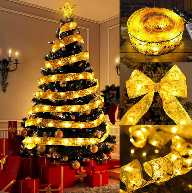 Ju7cer Guirlande lumineuse à rubans 5 m, 50 lumières, 2 paquets de piles , décoration de sapin de Noël, jaune chaud, atmosphère festive, convient pour l'intérieur et l'extérieur