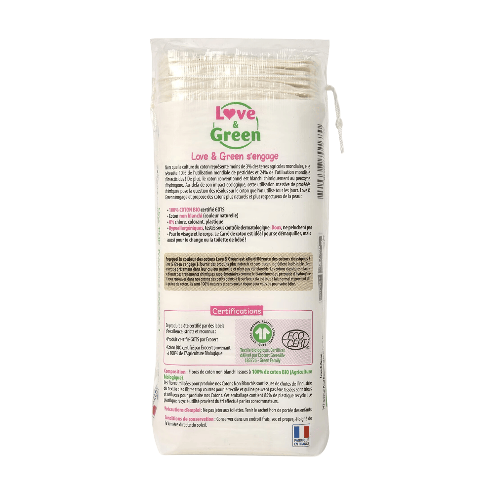 Love&Green Carrés hypoallergéniques 100% Coton Bio Non blanchis - 60 coton