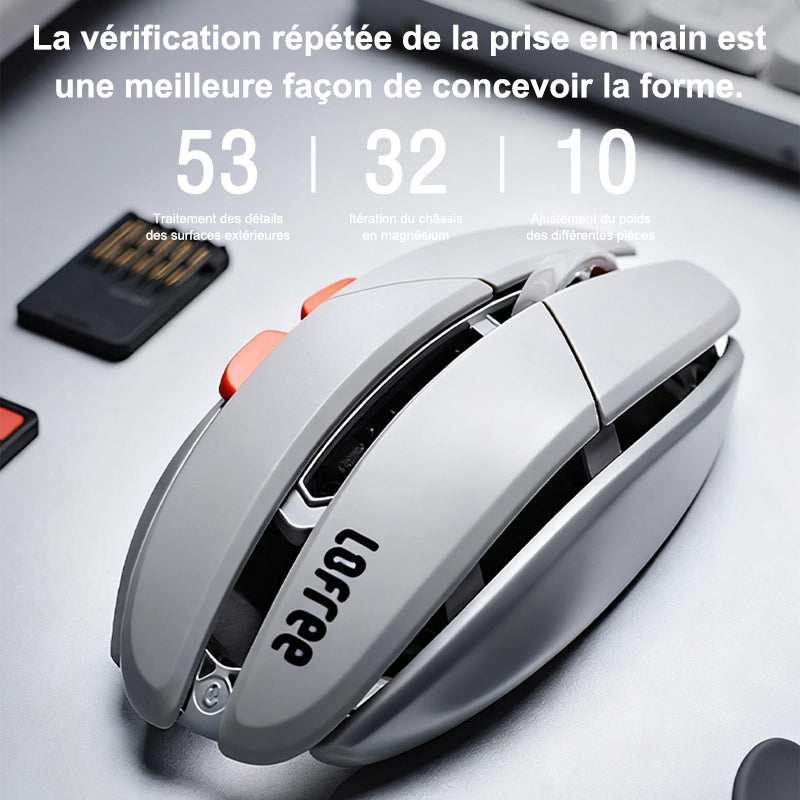lofree Hypace souris Bluetooth, cadre en alliage de magnésium + coque en PC, connexion triple mode (Bluetooth/2.4G/filaire), capteur laser PAW3950, gris clair, OE923