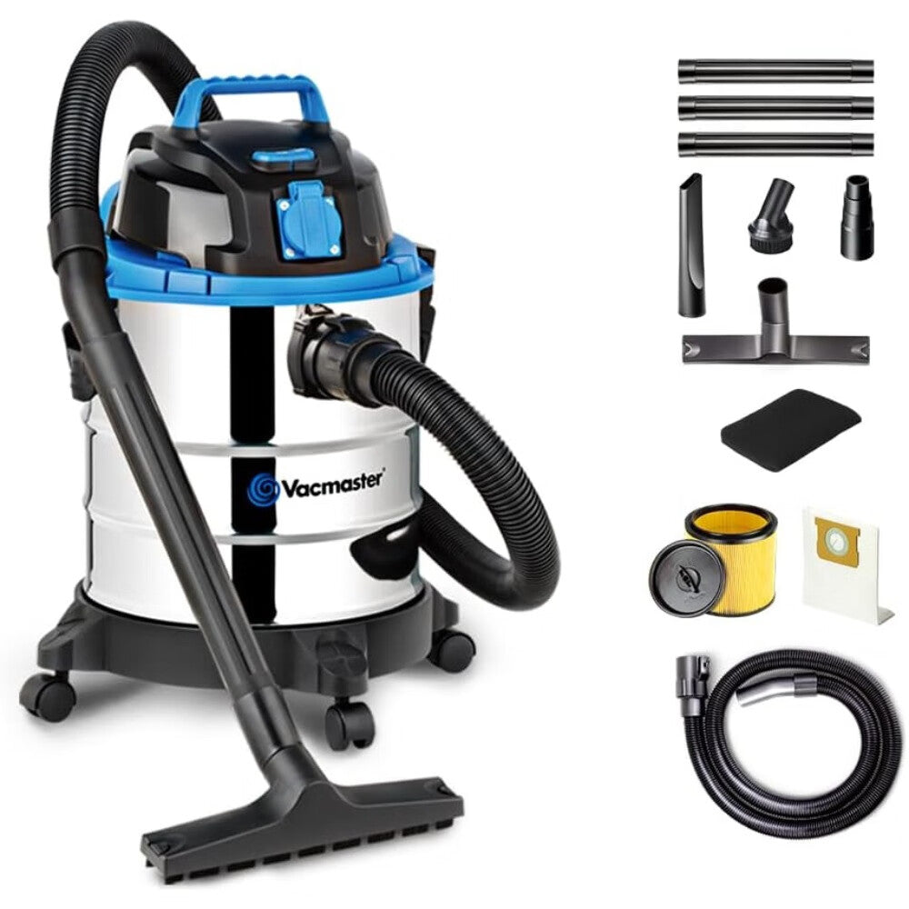 Vacmaster VQ1220SC Aspirateur Eau et Poussière 20 L, Moteur 1250 W, Aspiration 20 kPa, Prise pour Outils Électriques 2430 W, Fonction Soufflerie et Cuve Inox, pour Maison, Garage et Atelier