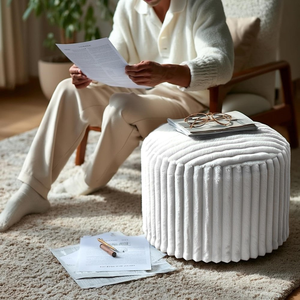 Pouf rond en fausse fourrure, coussin de pieds en forme de haricot, avec rembourrage en mousse, pouf ottoman rembourré pour repose-pieds, tabouret de coiffeuse, tabouret de pieds 38 x 50 cm pour canapé et salon, blanc