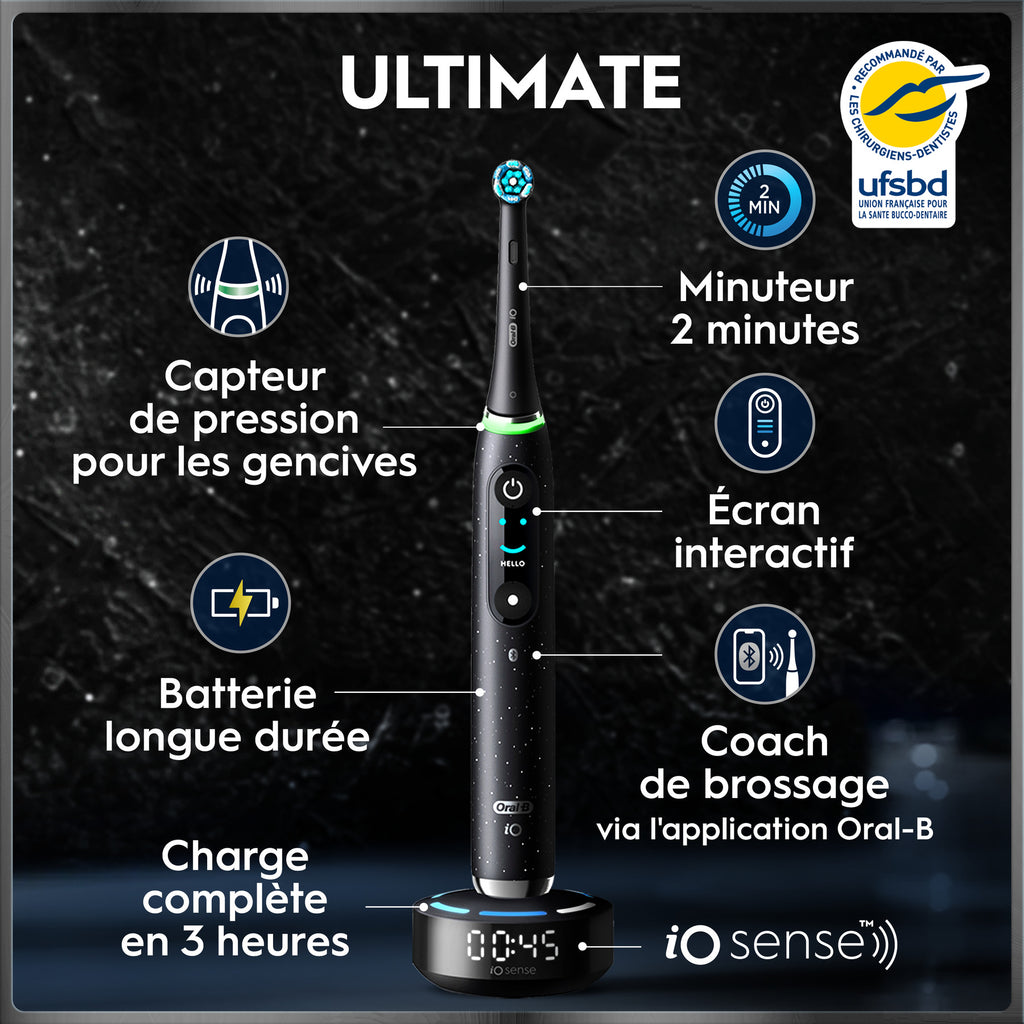 Oral-B iO 10 Noir Cosmique - Brosse à Dents Électrique Rechargeable avec Étui de Voyage Chargeur et 1 Brossette