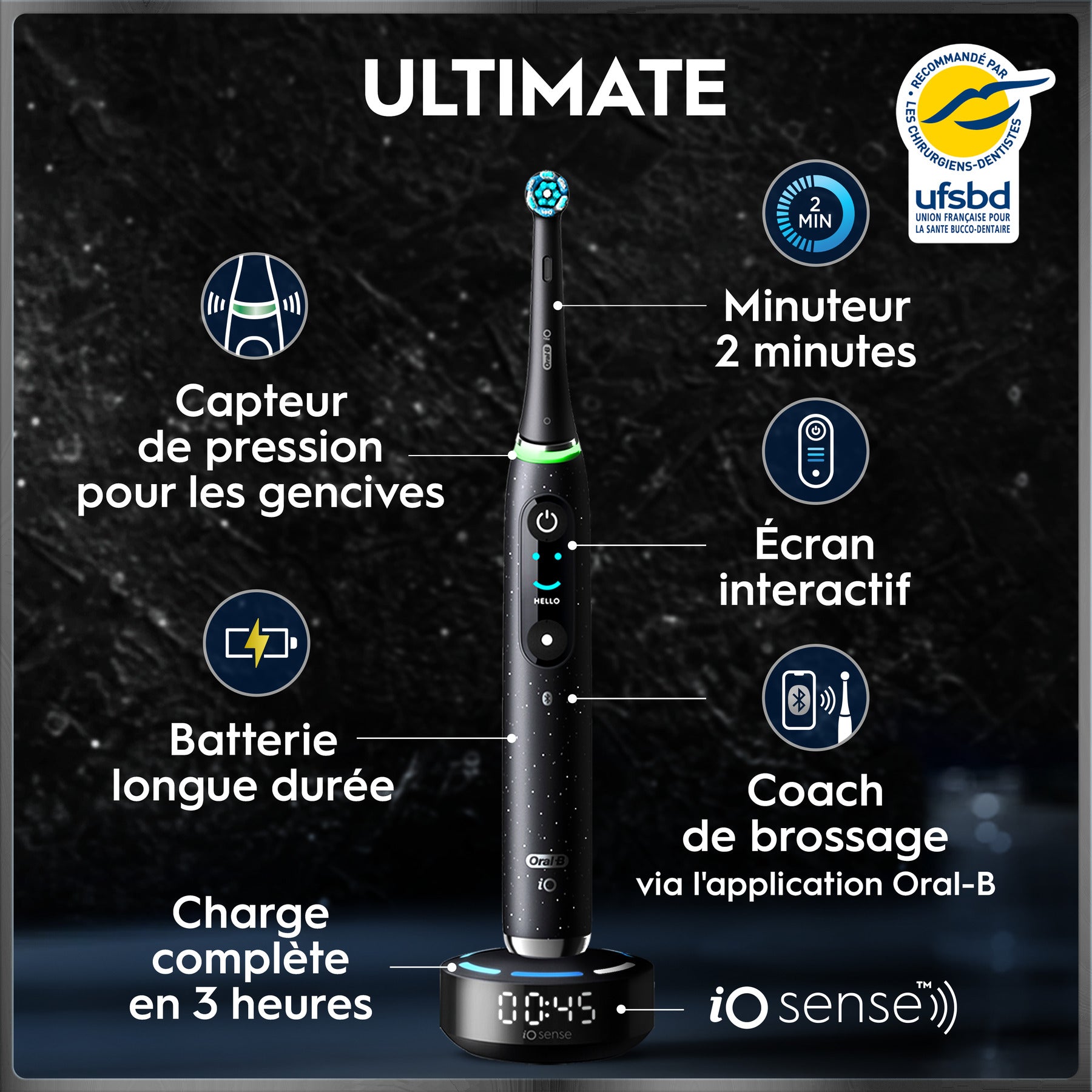 Oral-B iO 10 Noir Cosmique - Brosse à Dents Électrique Rechargeable avec Étui de Voyage Chargeur et 1 Brossette
