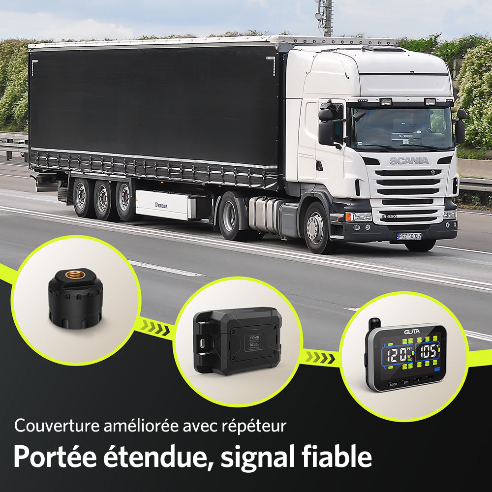 GUTA Système de surveillance de la pression des pneus pour VR/remorque avec 8 capteurs, surveillance en temps réel de 0 à 188 PSI, 6 alarmes, écran couleur LCD, répéteur