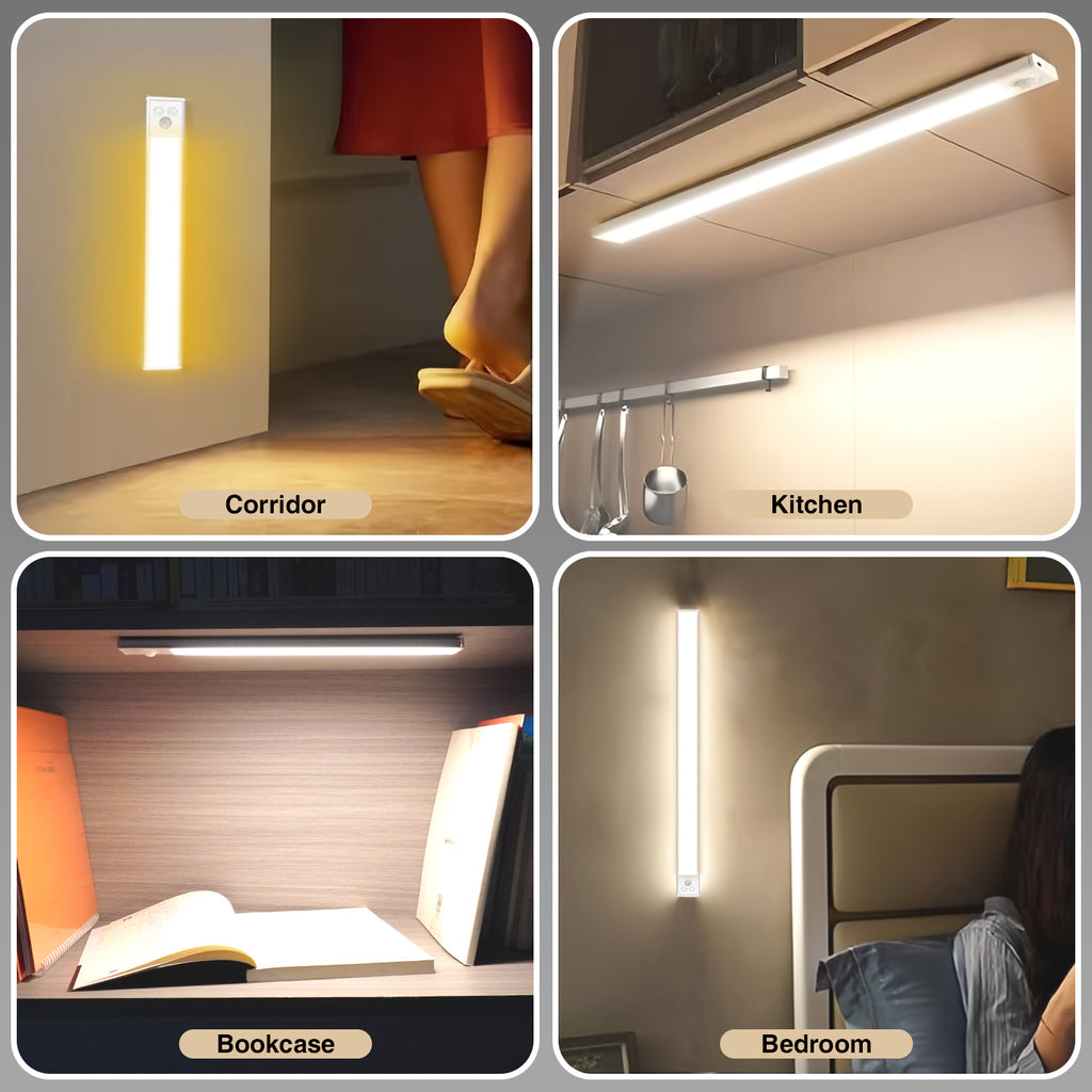 Lusense Barre lumineuse ultra-mince 20 cm, lot de 2, lampe LED avec capteur PIR, 3 températures de couleur, rechargeable USB, batterie 800 mAh, pour cuisine et chambre à coucher