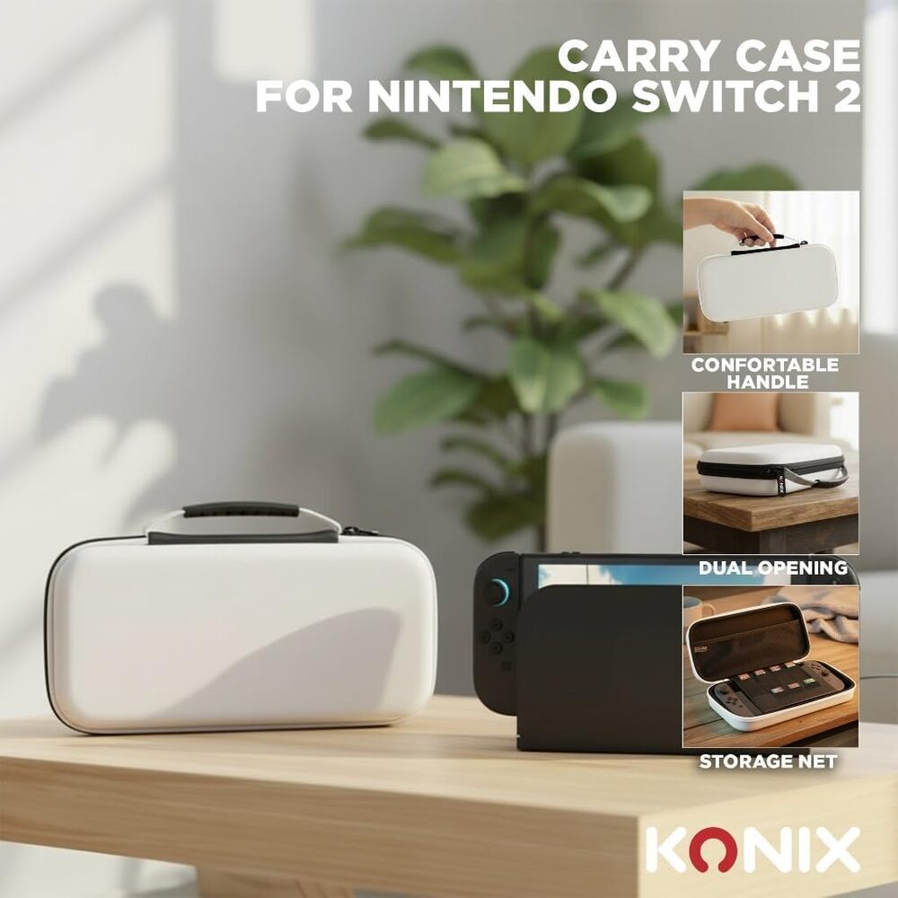 Konix Housse de protection et transport Carry Bag console Nintendo Switch 2 - Filet rangement accessoires - 8 compartiments jeux - Blanc