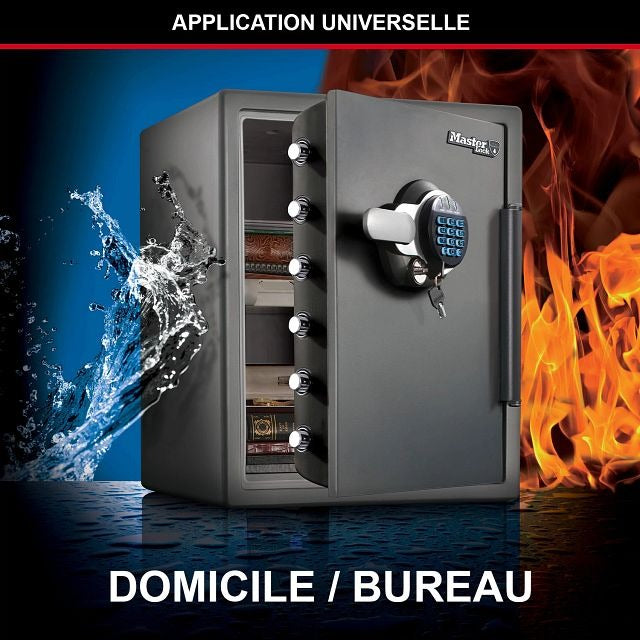 Master Lock Coffre-fort certifié résistant au feu et à l’eau, 56 L, 605 x 472 x 690 mm, serrure à code numérique avec clé de secours et clavier rétroéclairé, pour la maison et les professionnels