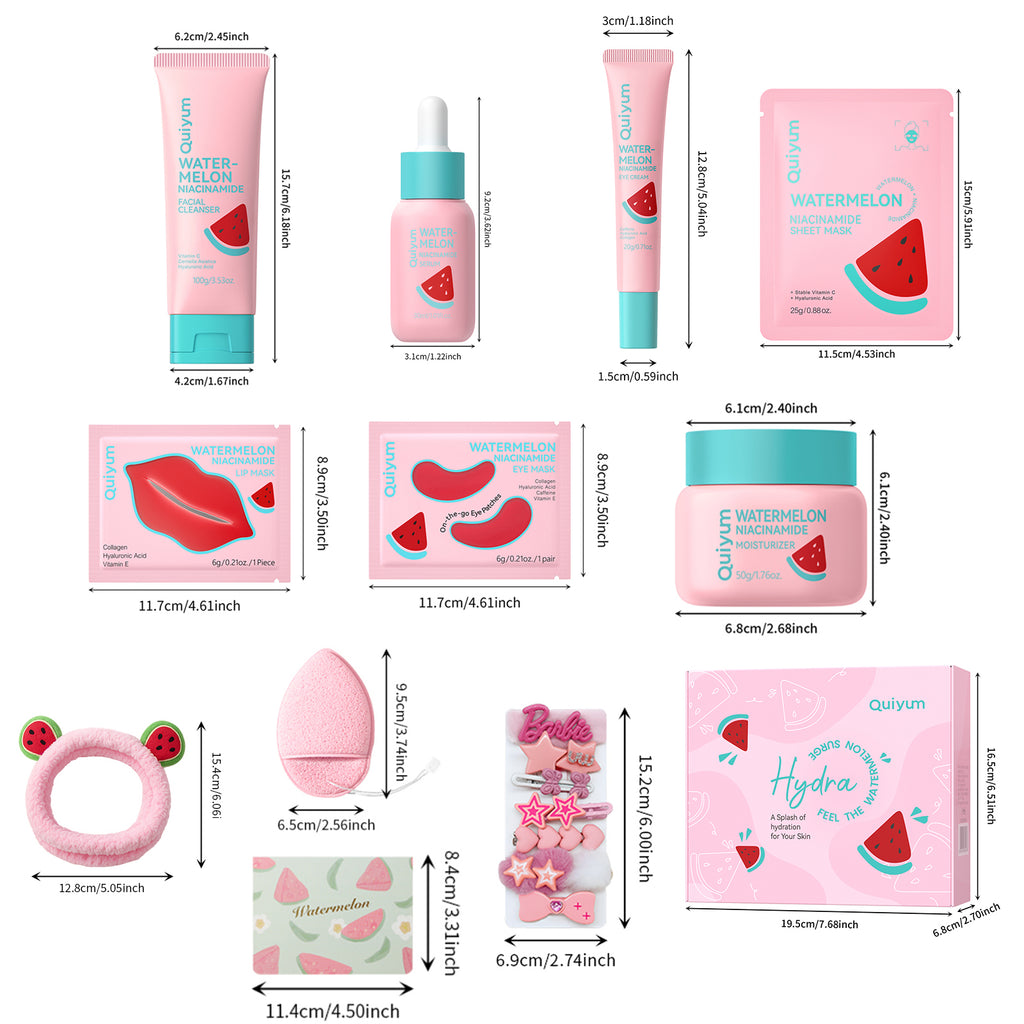 Quiyum Coffret de soins à la pastèque (13 pièces) - Nettoyant pour le visage 100 g, Sérum 30 ml, Crème contour des yeux 20 g, Crème pour le visage 50 g, Masque pour les yeux 6 g × 2, Masque pour les lèvres 6 g × 2, Masque pour le visage 25 g × 2, Ave