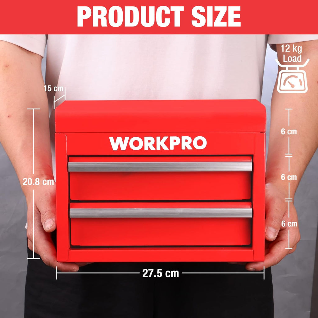 WORKPRO Boîte à tiroirs métallique avec 2 tiroirs et espace de rangement supérieur, Rouge, 27,5 x 15 x 20,8 cm, Organiseur de table avec tiroirs pour bureau, vestiaire et poste de travail