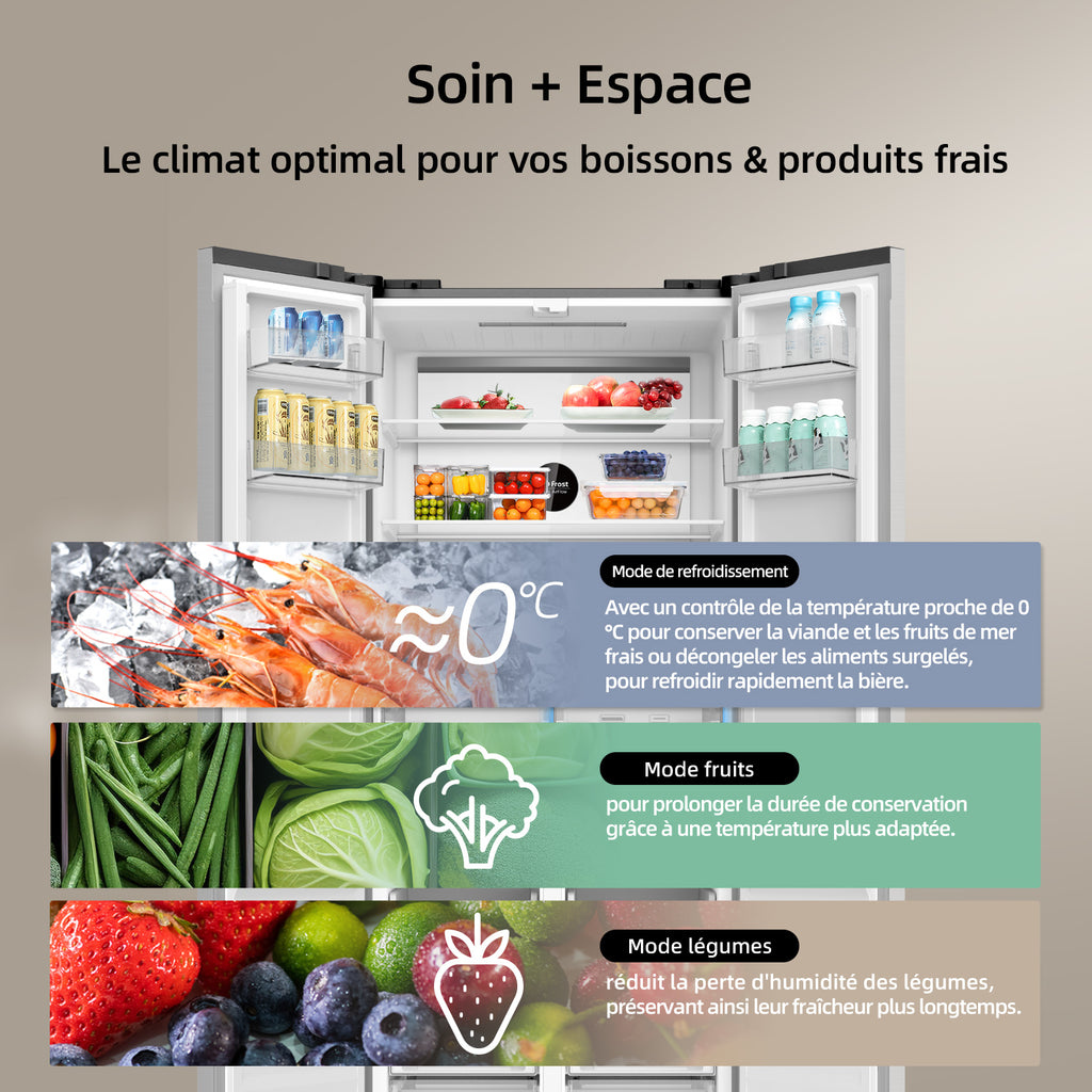 CHiQ Réfrigérateur à portes croisées 458 L, Design encastrable affleurant KITFIT, 191 cm H, Zone Care+ et contrôle de l’humidité, Inverter intelligent, Acier argenté élégant (JR460WSE)