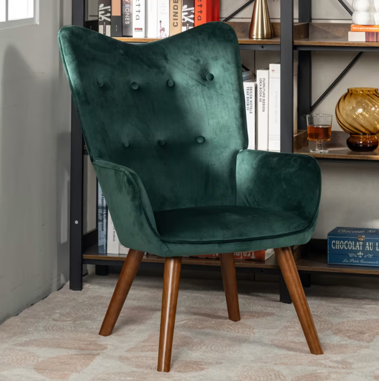 URBAN MEUBLE Fauteuil Velours vert Pieds en bois Confortable
