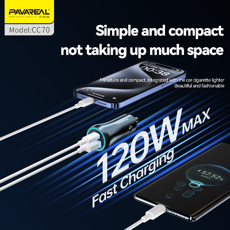 PAVAREAL Chargeur de voiture CC70 PD20W+100W compatible charge rapide pour séries iPhone, iPad