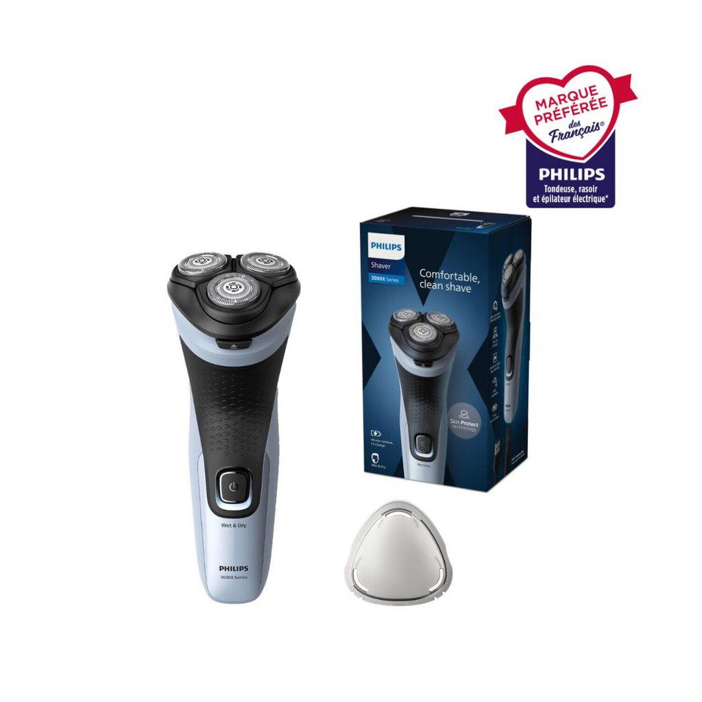 Philips Series 3000X X3003/00 Rasoir électrique avec 27 lames PowerCut, têtes flexibles 4D, rasage humide & sec, tondeuse rétractable, charge rapide - Bleu