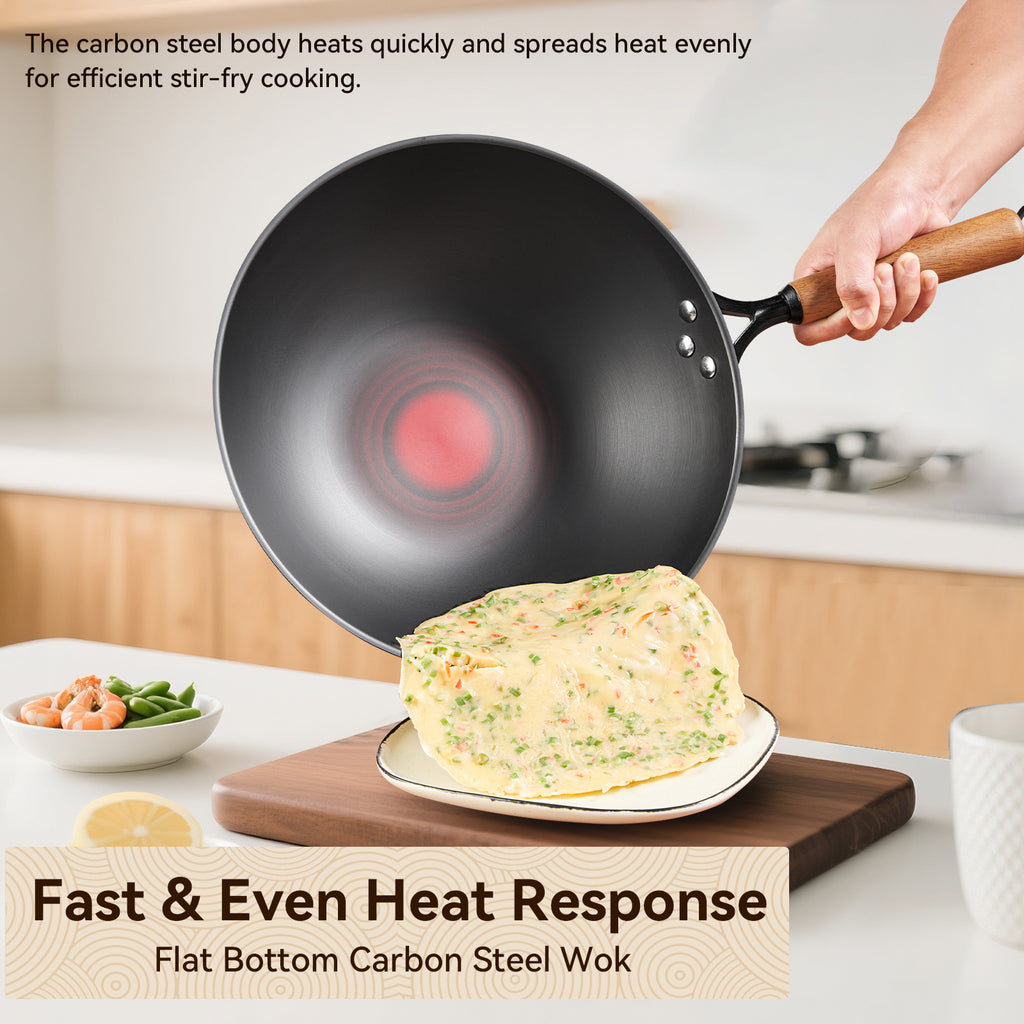 WANGYUANJI Wok en acier au carbone texturé à revêtement rotatif 12,6" avec couvercle en verre — Fond plat, sans revêtement, pour toutes les plaques de cuisson