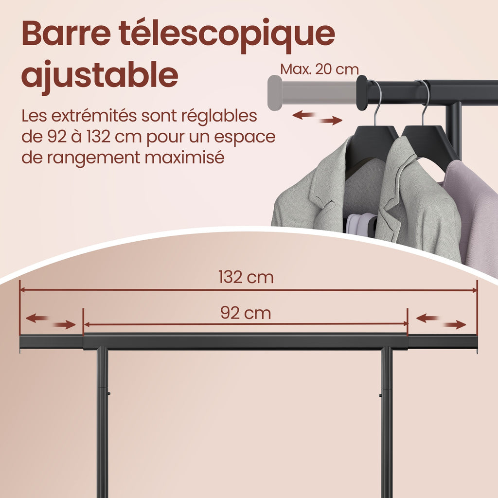 JOYFURNOS Portant à Vêtements sur Roulettes, Tringle à Vêtements Robuste, 45 x (92-132) x 161,5 cm, avec Tringle Extensible, Capacité de Charge 100 kg, Portable, Noir