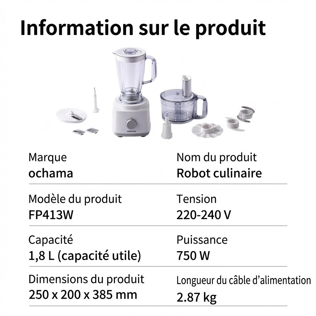 ochama Robot Multifonction 750W, 1,8L Grande Capacité, Blender, Hachoir à Viande, Coupe-Légumes, Disques à Trancher et Râper, Pièces Amovibles, Facile à Nettoyer