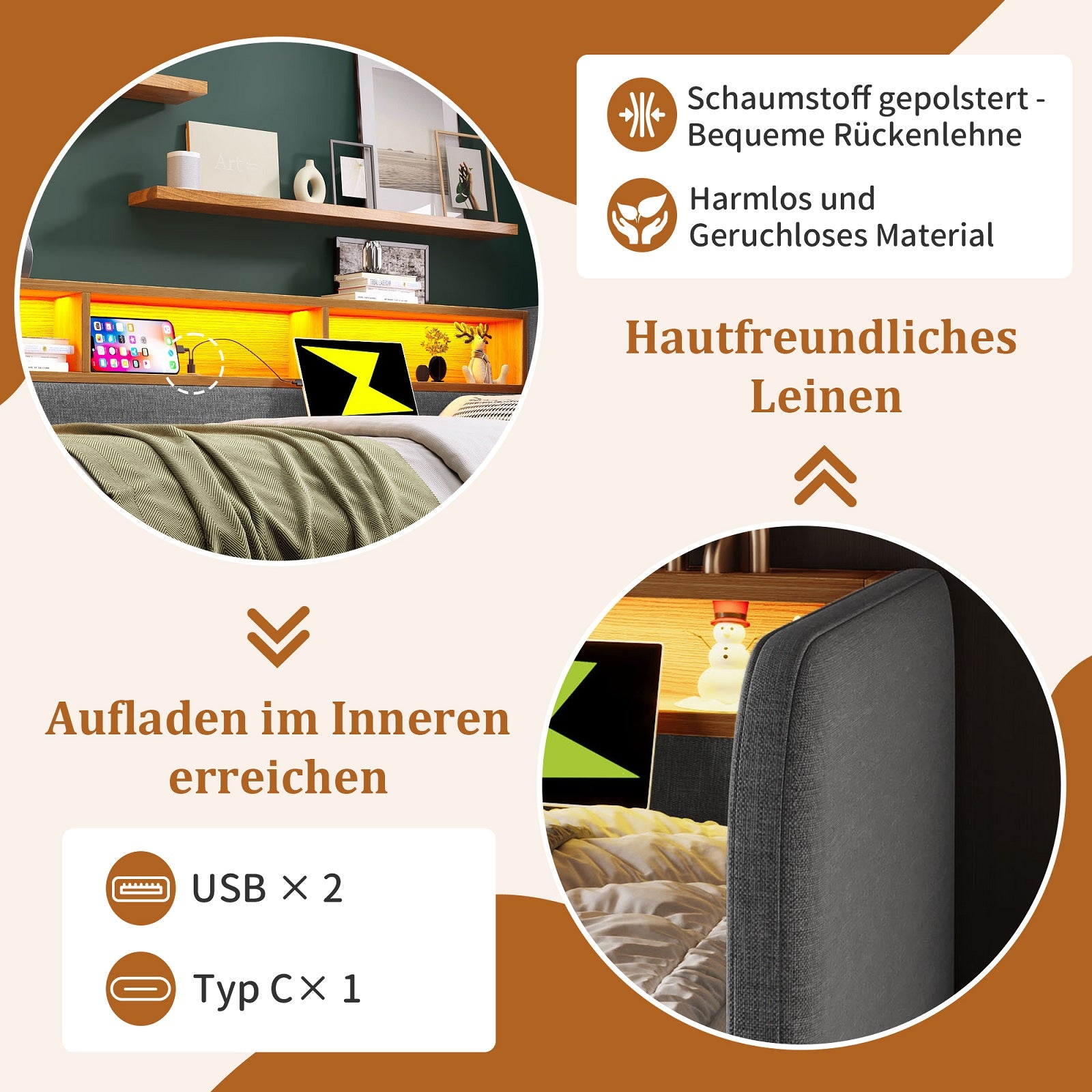 URBAN MEUBLE Lit superposé 140x190 cm, 1 pièce, tissu en lin, gris, avec tête de lit LED et prise de charge USB-C