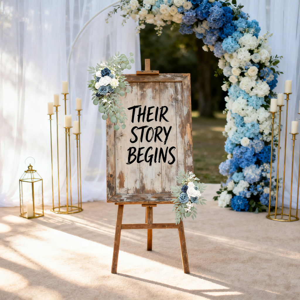 Wei's moment Fleur bleu poussière pour décorations de panneaux d'accueil de mariage, Fleurs d'arc de mariée artificielles pour cérémonie de mariage (Lot de 2)