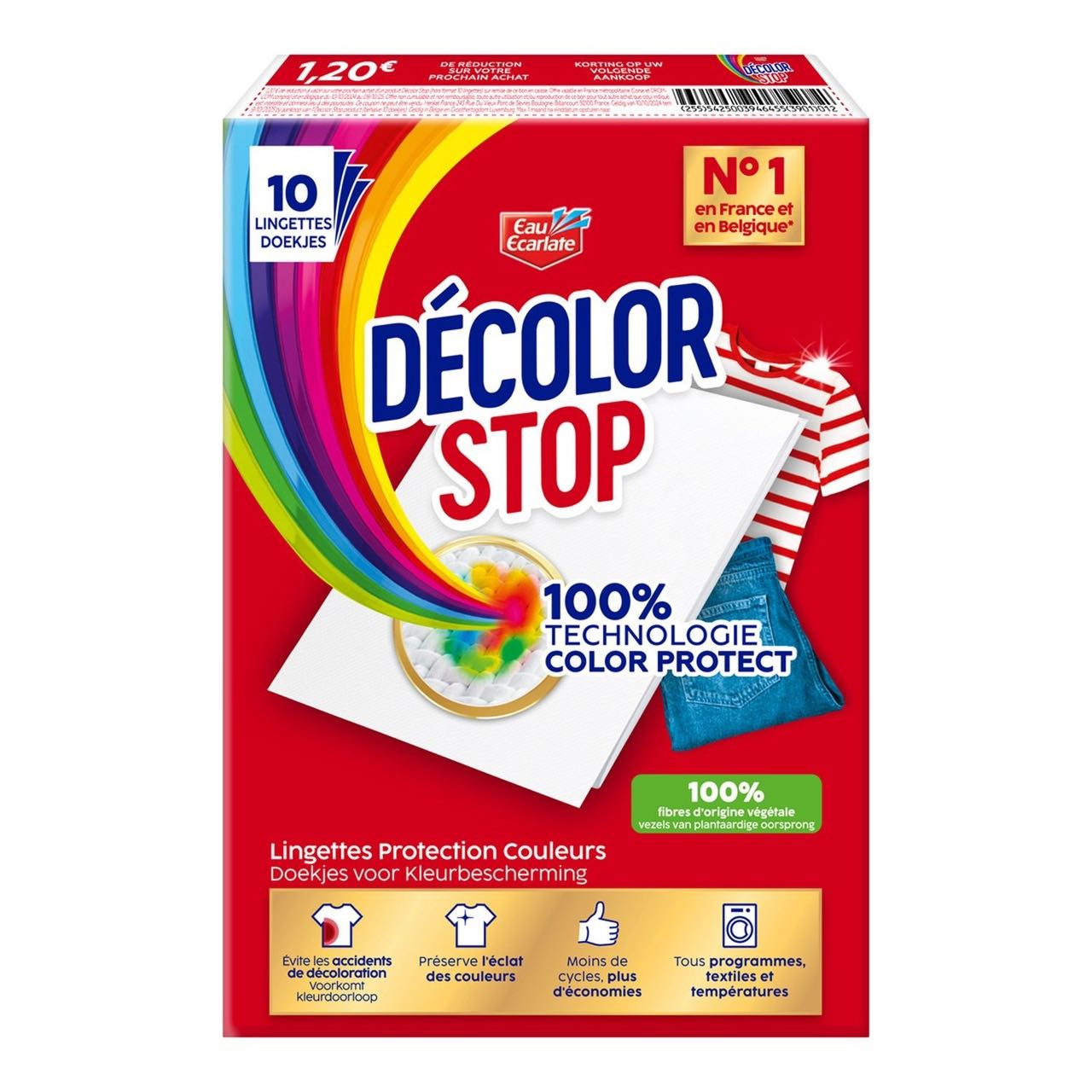 DECOLOR STOP Lingettes Attrape-Couleurs, Empêche le Transfert de Teinture et Restaure la Blancheur, Puissance Anti-Taches, 10 Lingettes