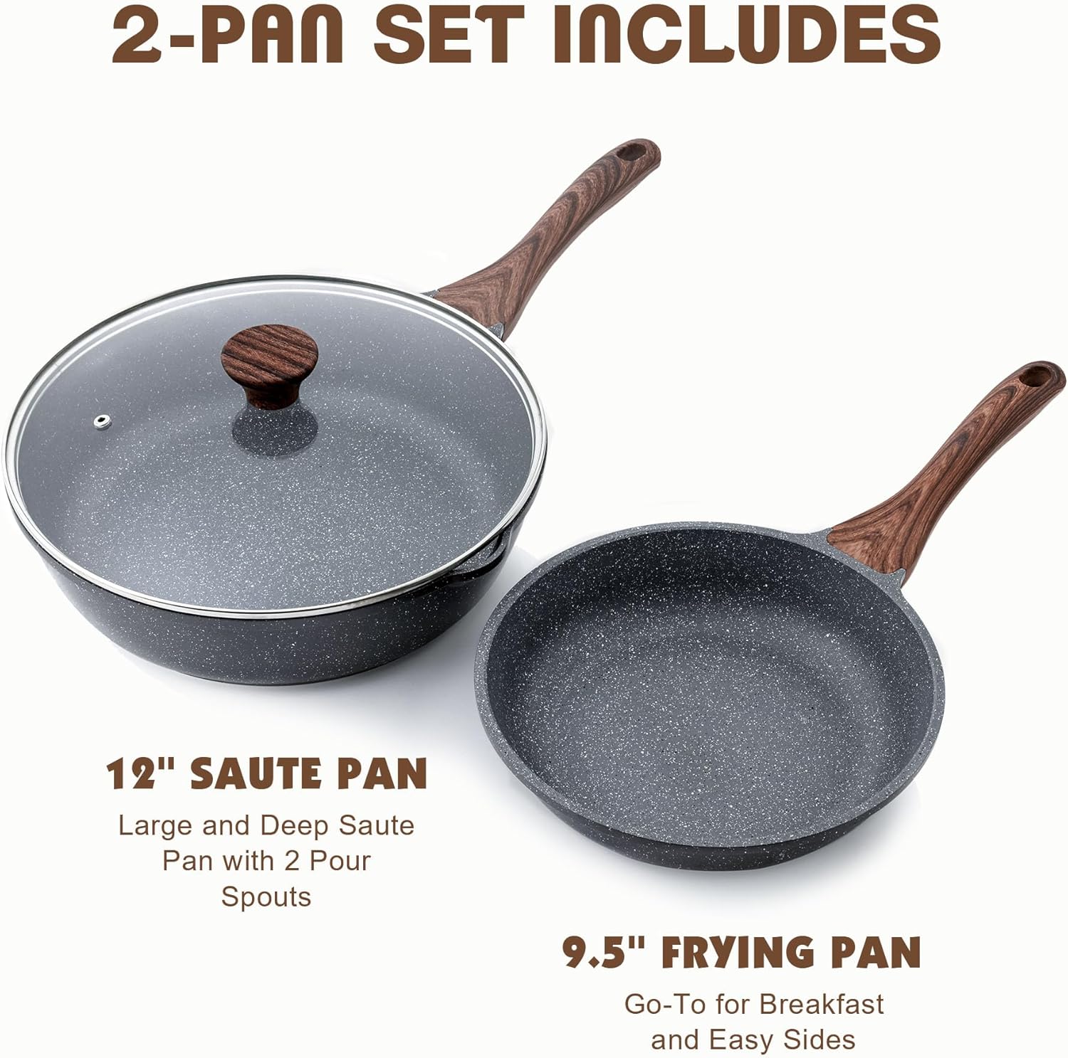 SENSSTARTE Poêles antiadhésives, revêtement Granite suisse, poêles à omelette, ustensiles de cuisine sains, sans PFOA ajouté intentionnellement (poêle 24,1 cm et poêle de sauté 4,7 L)