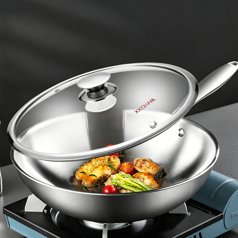 Maxcook Poêle wok tri-ply en acier inoxydable 304, 28 cm, ustensile de cuisson en acier inoxydable à 3 couches avec couvercle en verre pour la cuisine quotidienne MCC7911