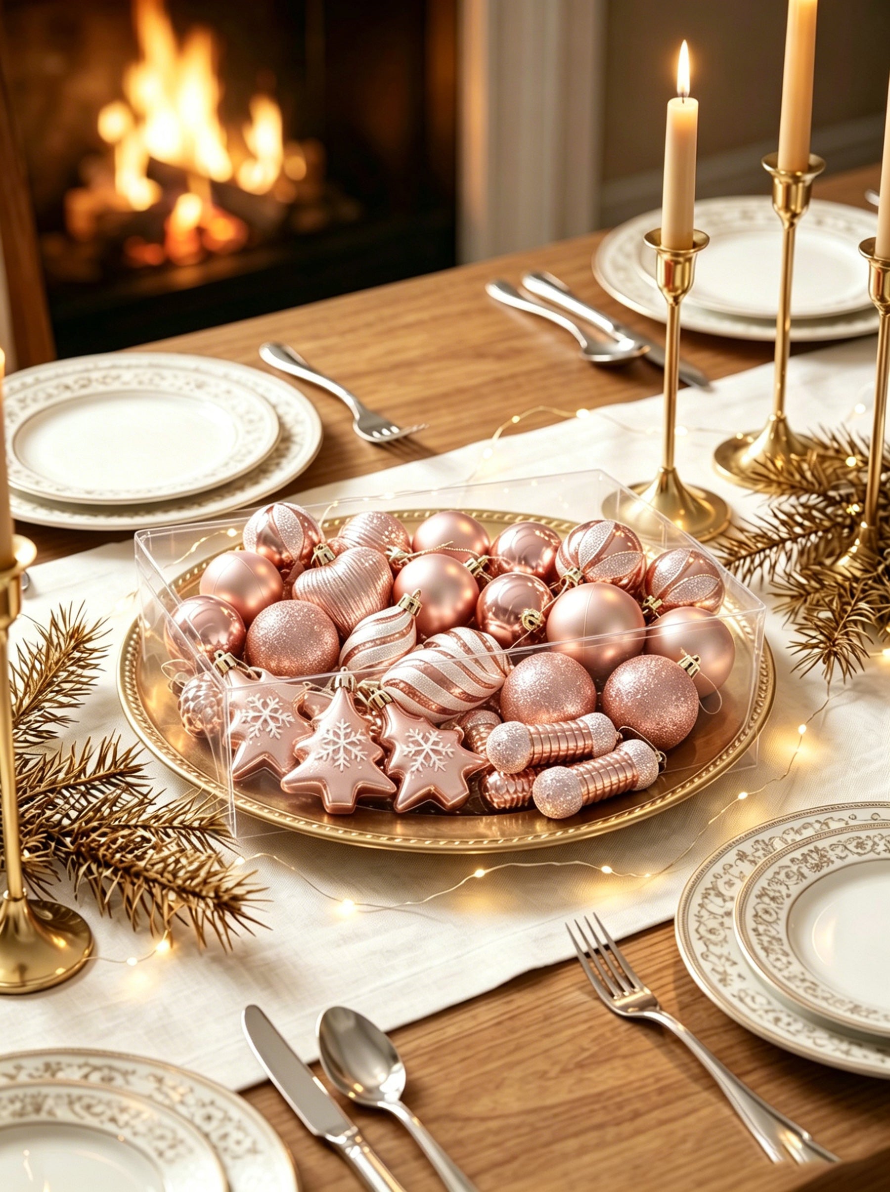 Ju7cer Lot de 72 boules de Noël, avec sapin de Noël, boules de Noël en forme de cœur, chaussettes de Noël, boules de Noël, pour la décoration du sapin de Noël et des fêtes, rose