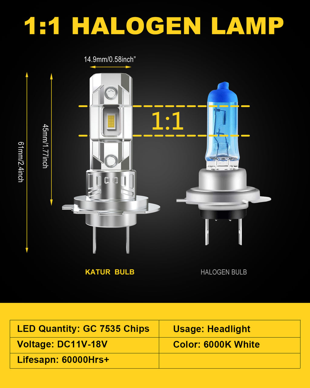 Katur Lot de 2 ampoules de phare LED H7, 26 000 lm 80 W, ampoule LED H7 6000 K blanc, sans ventilateur, étanches, taille mini, prêtes à brancher