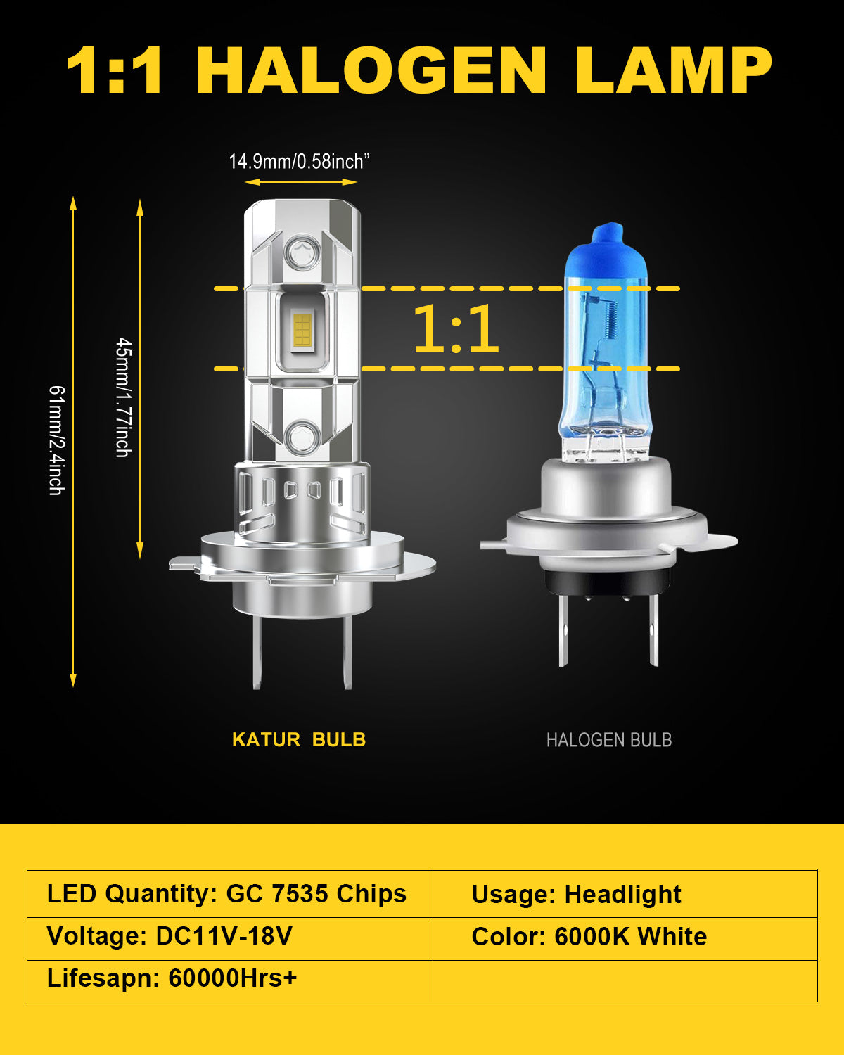 Katur Lot de 2 ampoules de phare LED H7, 26 000 lm 80 W, ampoule LED H7 6000 K blanc, sans ventilateur, étanches, taille mini, prêtes à brancher
