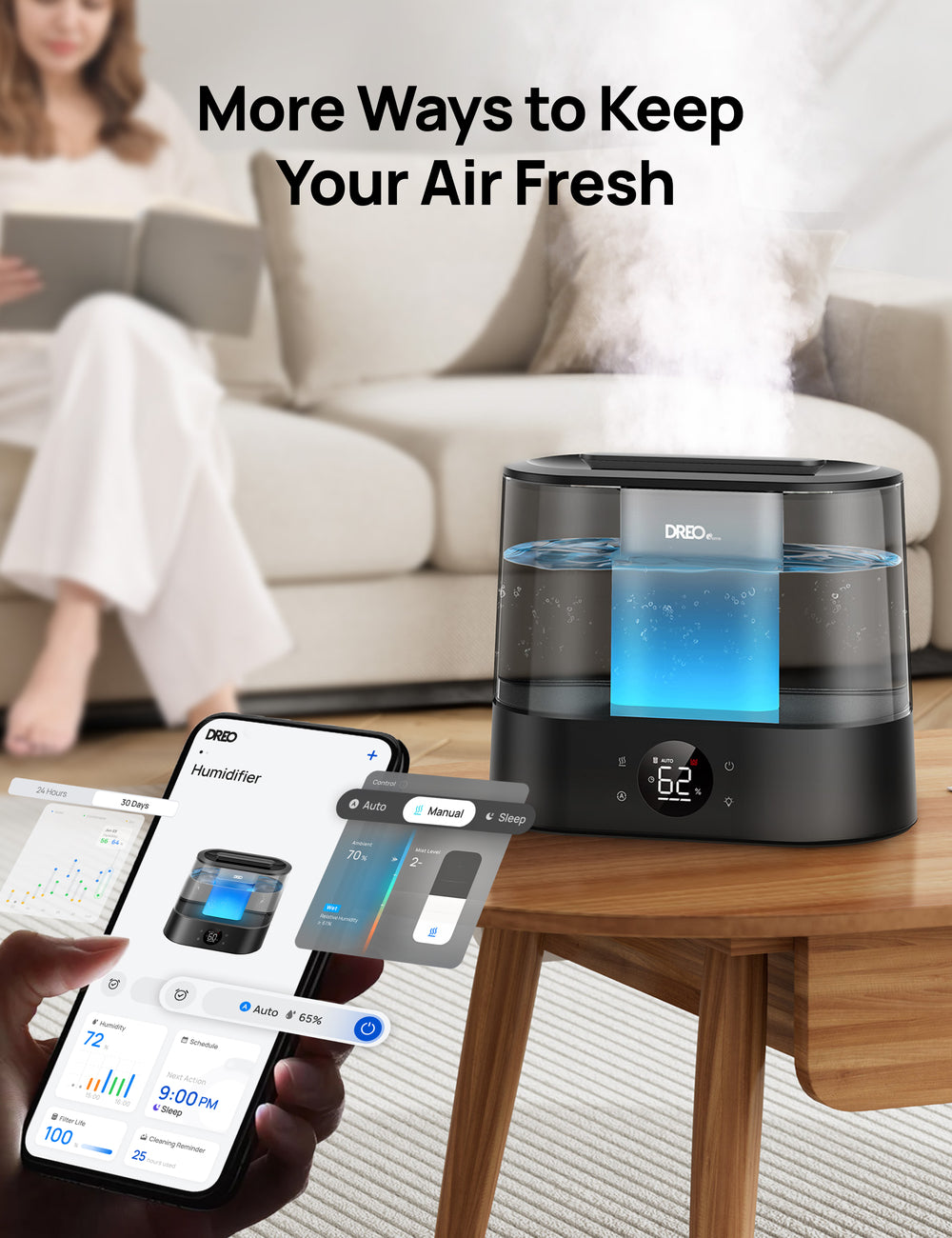 DREO Humidificateur ultrasonique intelligent – Réservoir d’eau 4 L, Autonomie 30 h, Contrôle intelligent par application, 6 niveaux de brume, Ultra-silencieux, Diffuseur d’arômes