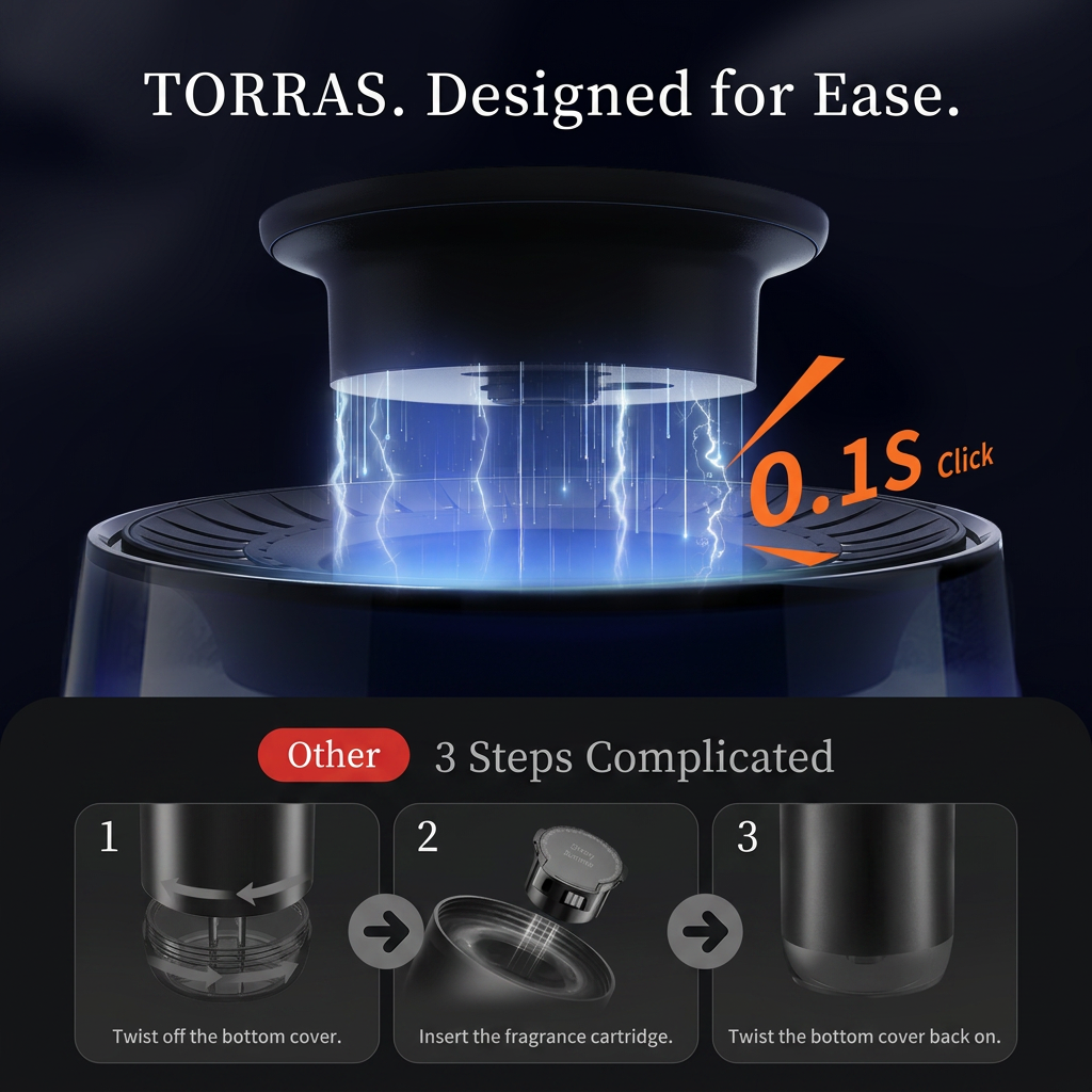 Diffuseur de parfum intelligent TORRAS pour voiture, parfum automobile premium avec design paysager, marche/arrêt automatique, double bande lumineuse DIY, recharge solaire et USB-C