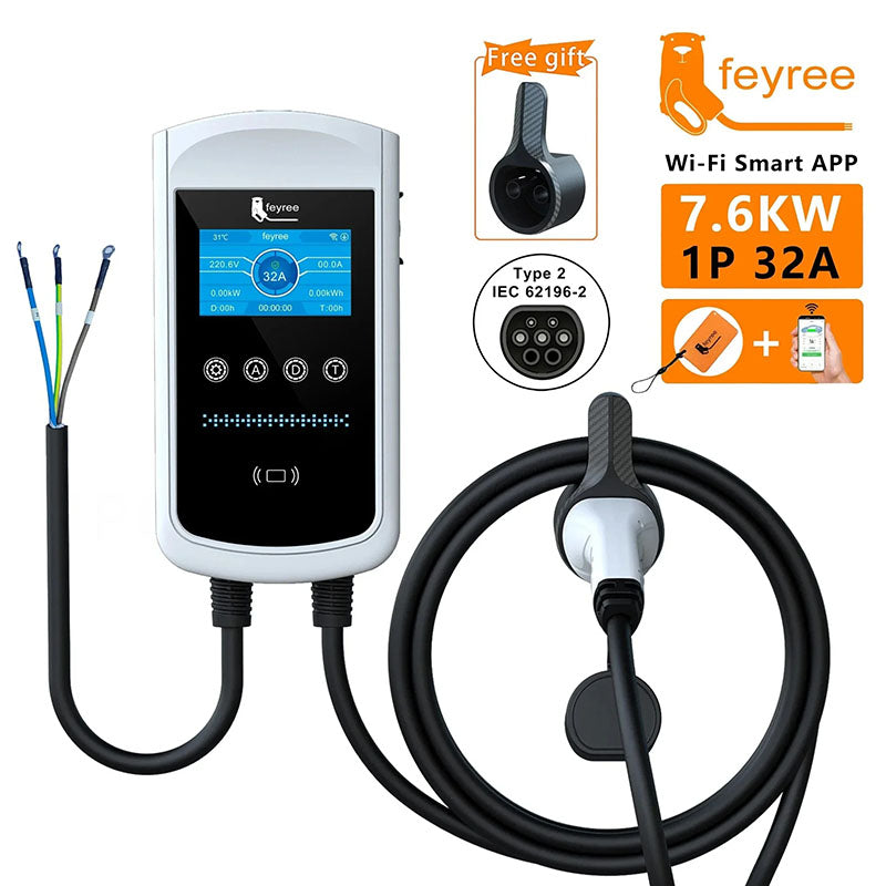 Feyree Chargeur pour véhicule électrique Type 2 32 A 7,6 kW, Station de charge, Chargeur voiture électrique, Équipement d’alimentation pour véhicule électrique, Borne murale