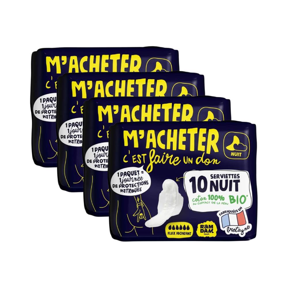 RAMDAM Serviettes Hygiéniques de Nuit Avec Ailettes Flux Abondant Coton 100 % Biologique - 40 Unités (4 Paquets de 10)